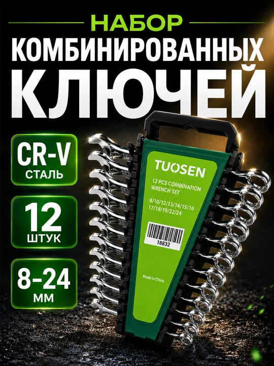 Набор комбинированных ключей TUOSEN, 12 предметов, CR-V сталь, 8–24 мм - 