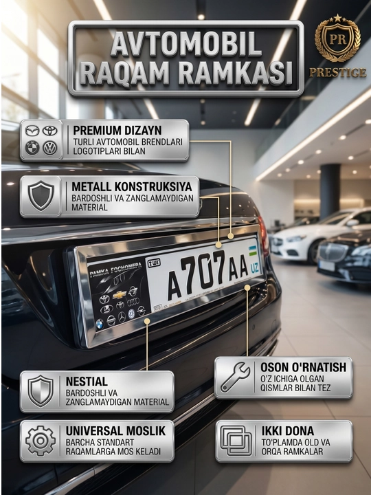 Avtomobil raqami ramkasi universal, mashina podnomeri qora, 2 dona - 