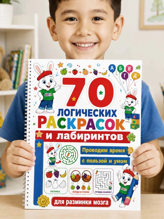 Раскраска для детей AQEEL, 70 логических заданий, лабиринты и головоломки - 