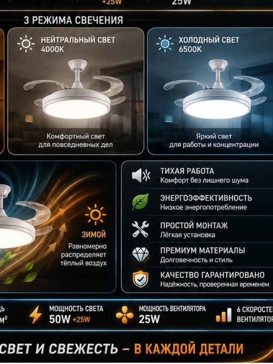 LED люстра с вентилятором с пультом 3 режима света 4 скорости современная для дома и офиса