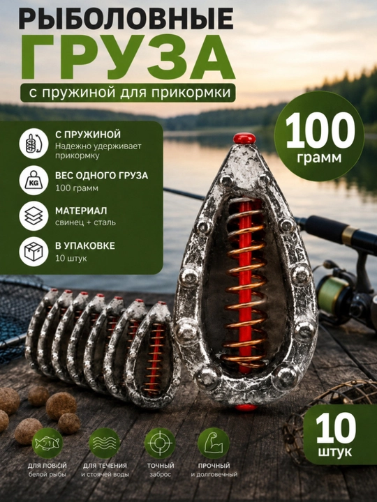 Рыболовный груз с пружиной для прикормки 100 грамм — набор 10 штук - 