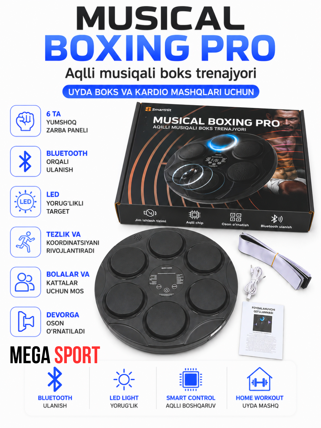 Musical Boxing Pro aqlli musiqali boks trenajyori, Bluetooth va LED targetli