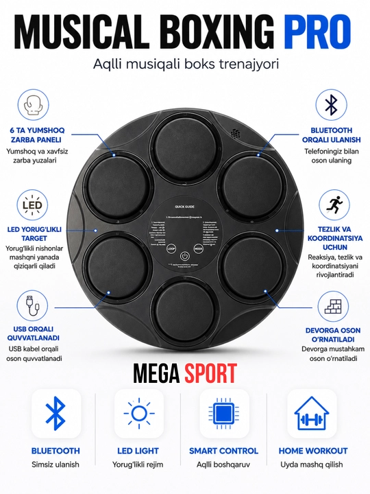 Musical Boxing Pro aqlli musiqali boks trenajyori, Bluetooth va LED targetli