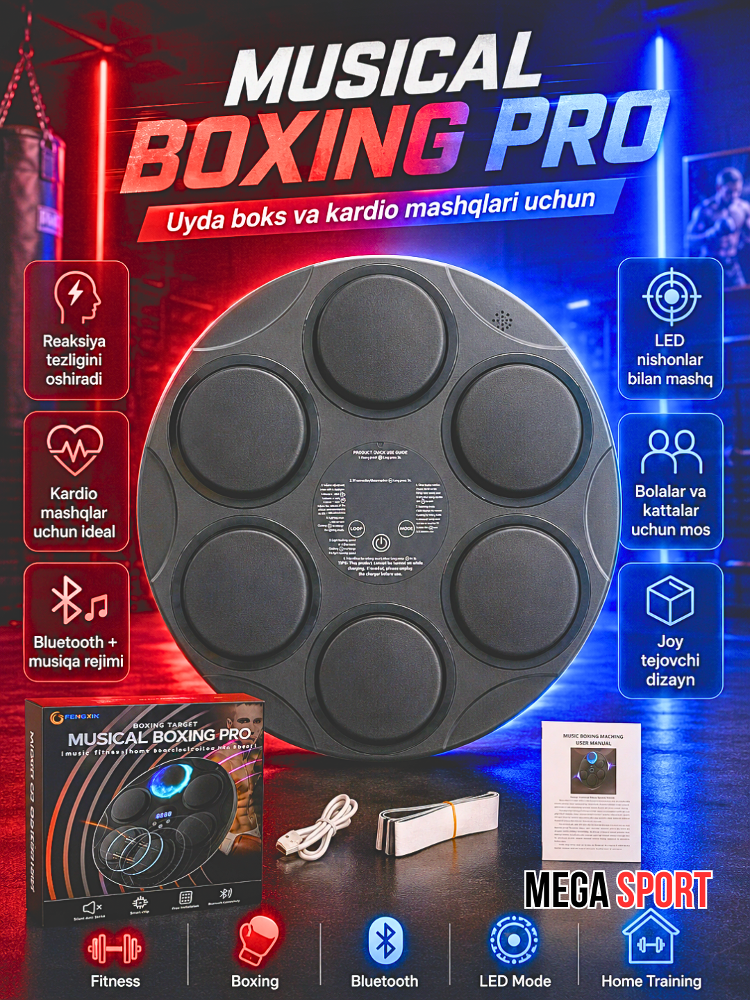 Musical Boxing Pro aqlli musiqali boks trenajyori, Bluetooth va LED targetli