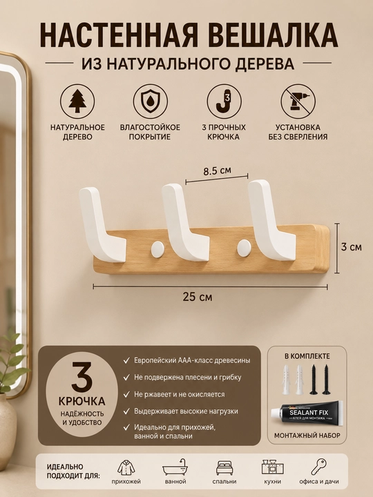 Настенная вешалка AURYN L-Hook из дерева для одежды установка без сверления - 