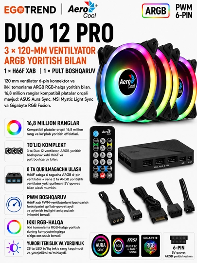 AeroCool Duo 12 Pro ARGB 3×120 mm kompyuter ventilyatorlari to‘plami,  xab va pult bilan - 