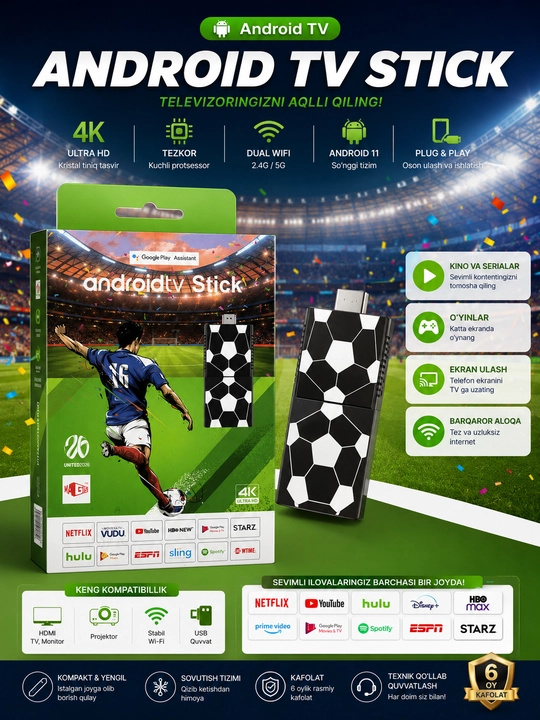 Android TV Stick 4K Smart TV Адаптер, Wi-Fi Медиаплеер HDMI Dongle - 