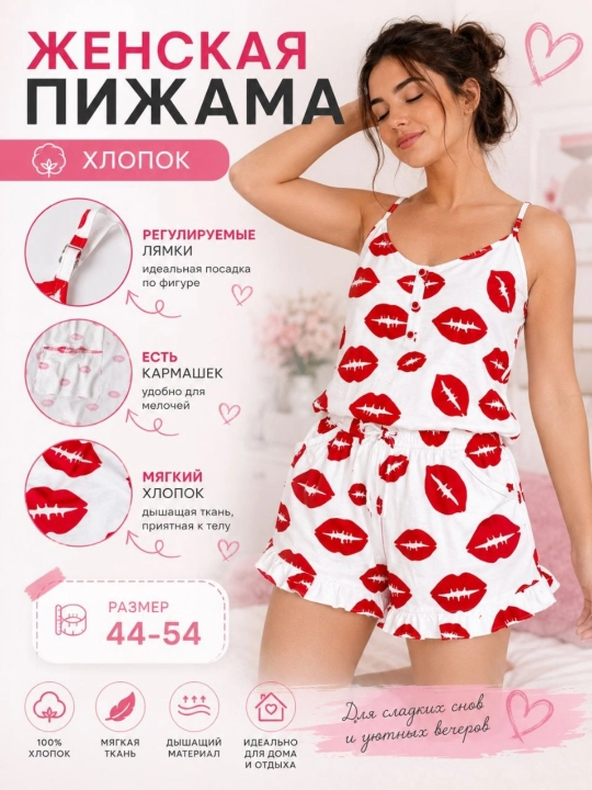 Женская пижама с шортами хлопковая, домашний комплект, регулируемые бретели, размер 42-54 - 