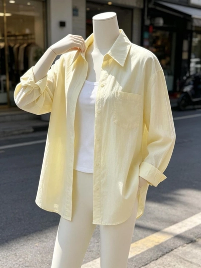 Женская летняя рубашка oversize из хлопка — MYKSOP1-AYOLVAQIZLARKOYLAK-ЖЕЛТ-XL