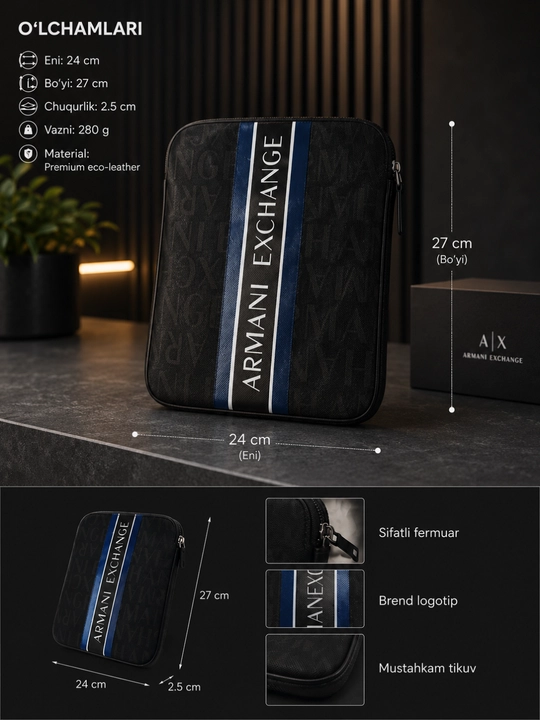 Armani Exchange erkaklar klatch sumkasi, 24×27 sm, zamonaviy kundalik model