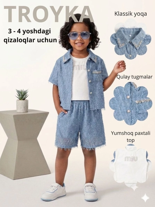 Qizlar uchun yozgi uch qismli bolalar kostyumi: futbolka + ko‘ylak + shortik, 90-140 - 