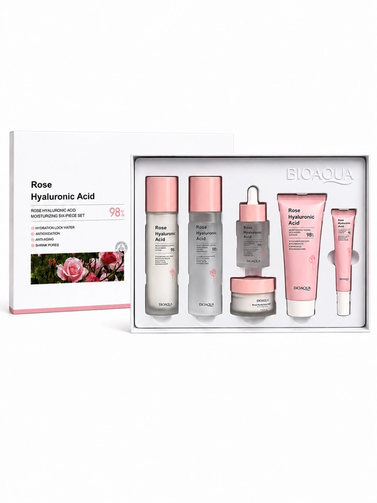 Подарочный набор для ухода за лицом Rose Hyaluronic Acid, 6 в 1 — увлажнение, сияние
