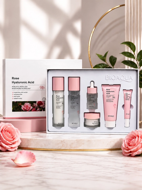 Подарочный набор для ухода за лицом Rose Hyaluronic Acid, 6 в 1 — увлажнение, сияние - 