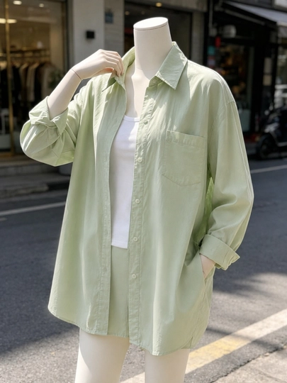 Женская летняя рубашка oversize из хлопка — MYKSOP1-AYOLVAQIZLARKOYLAK-САЛАТ-L