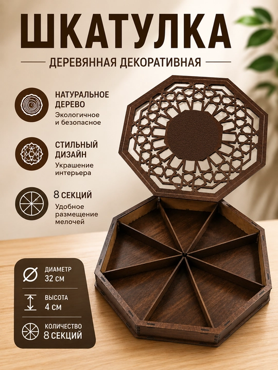 Шкатулка деревянная с 8 секциями и резной крышкой в восточном стиле