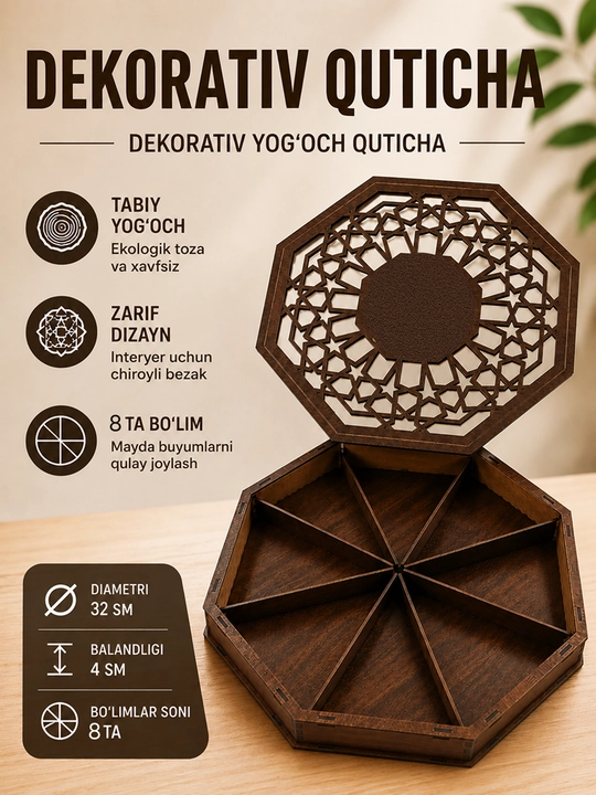 Quticha 8 bo‘limli o‘ymakor qopqoqli yog‘ochlik - 