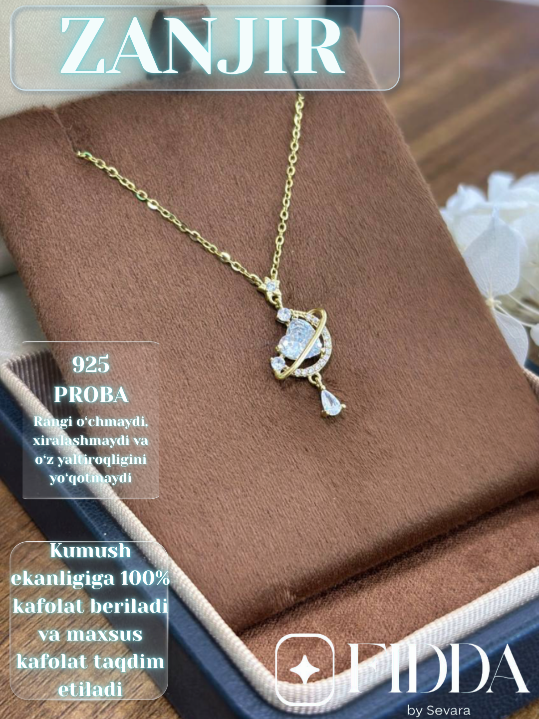 925 probali kumush zanjir, ayollar uchun, bo‘yinga taqiladigan - 