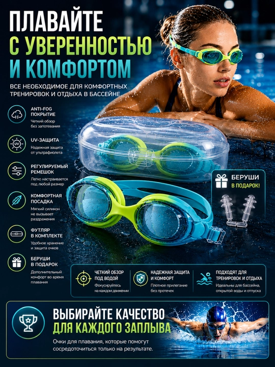 Очки для плавания, плавательные очки, очки для бассейна, антифог очки, очки с футляром
