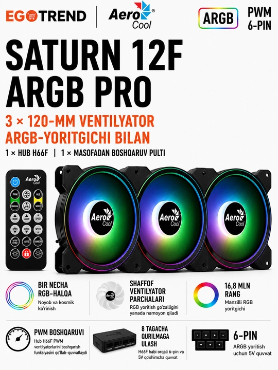 AeroCool Saturn 12F ARGB Pro 3×120 mm ARGB ventilyatorlar to‘plami, H66F xab va pult bilan