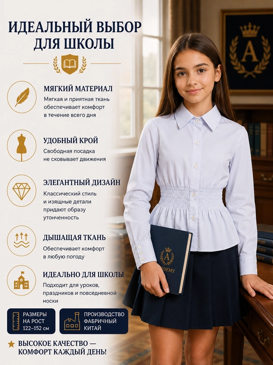 Школьная блузка для девочек с длинным рукавом