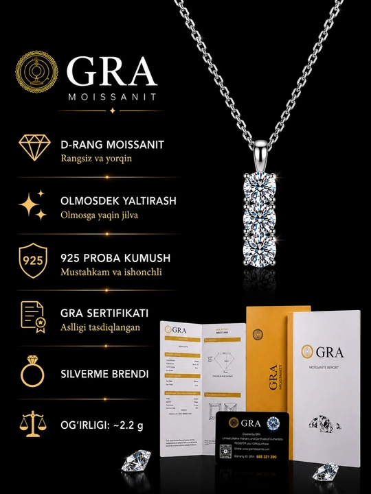 SILVERME 925 probali kumushdan yasalgan ayollar marjoni, GRA Moissanite marjoni bilan, uchta toshga mo‘ljallangan - 