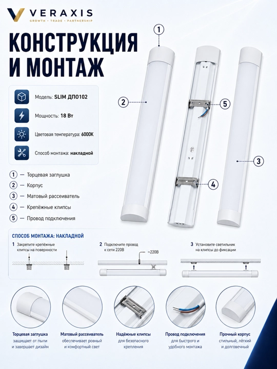 LED yoritgich, chiziqli SLIM DPO102, 18Vt 6000K ustki o‘rnatilgan