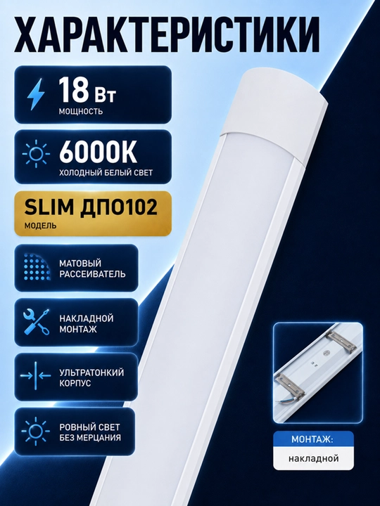 LED yoritgich, chiziqli SLIM DPO102, 18Vt 6000K ustki o‘rnatilgan