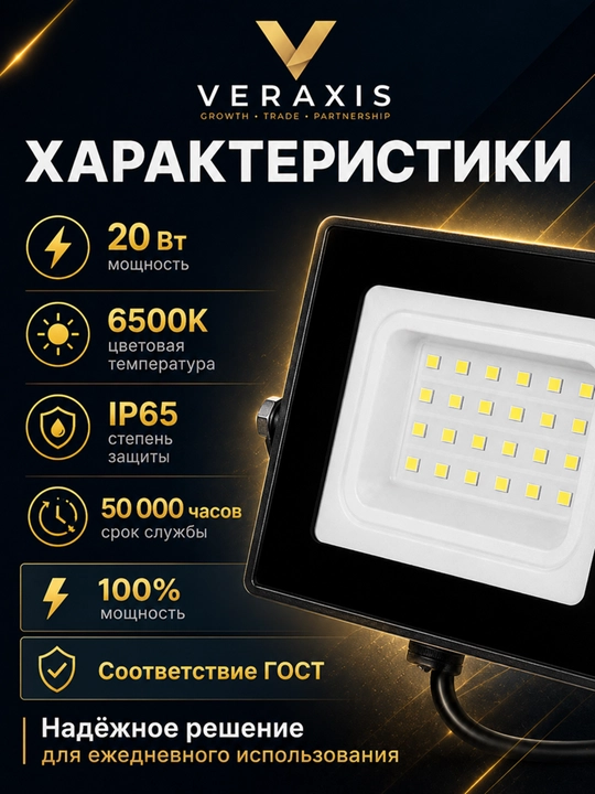 20 Vt IP65 6500K ko‘cha uchun svetodiodli projektor, qora