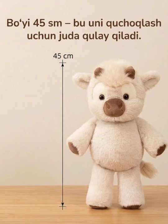 Bolalar uchun buqacha yumshoq o‘yinchog‘i, baxmal o‘yinchoq, sovg‘a, 45 sm
