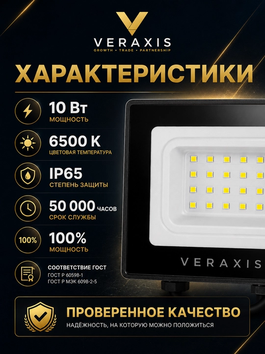 10 Vt IP65 6500K ko‘cha uchun svetodiodli projektor, qora
