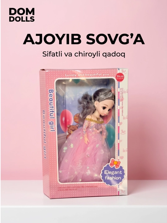 Musiqiy qo'g'irchoq qizlar uchun, chiroyli libosda, sovg'abop qutida, 30 sm