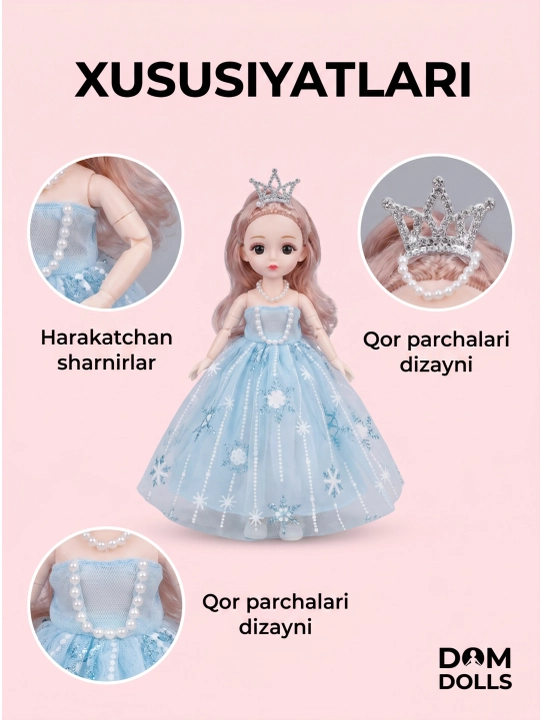 Musiqiy qo'g'irchoq qizlar uchun, chiroyli libosda, sovg'abop qutida, 30 sm