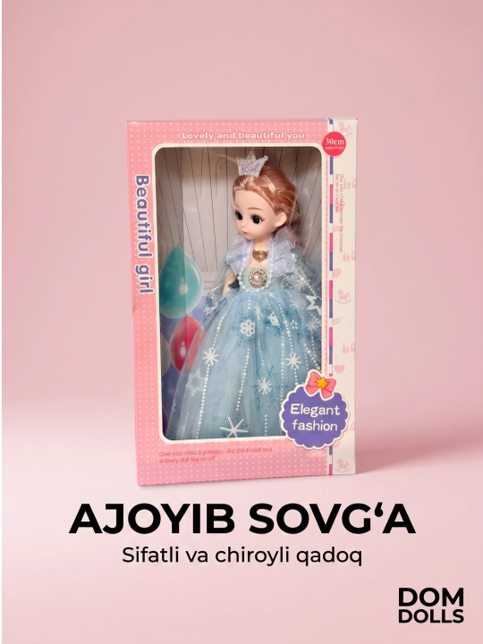 Musiqiy qo'g'irchoq qizlar uchun, chiroyli libosda, sovg'abop qutida, 30 sm