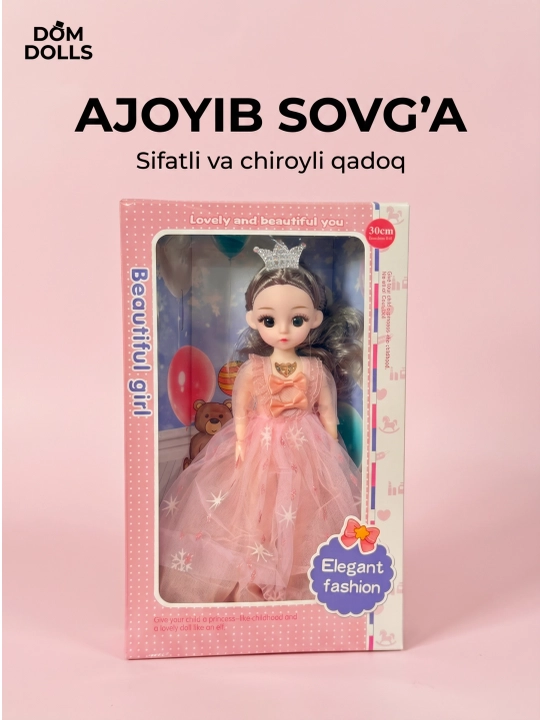 Musiqiy qo'g'irchoq qizlar uchun, chiroyli libosda, sovg'abop qutida, 30 sm