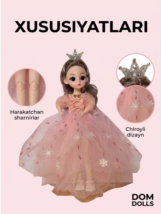 Musiqiy qo'g'irchoq qizlar uchun, chiroyli libosda, sovg'abop qutida, 30 sm