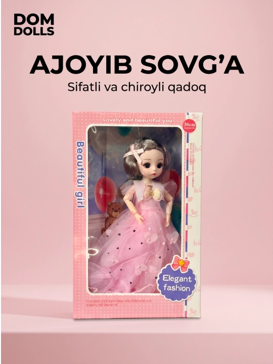 Musiqiy qo'g'irchoq qizlar uchun, chiroyli libosda, sovg'abop qutida, 30 sm
