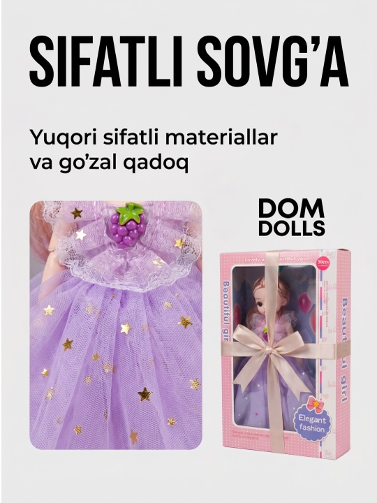 Musiqiy qo'g'irchoq qizlar uchun, chiroyli libosda, sovg'abop qutida, 30 sm
