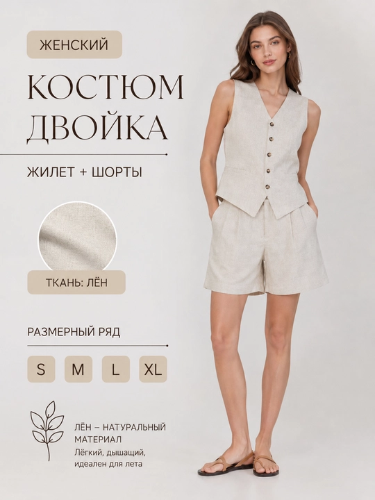 Ayollar uchun zig‘ir matoli ikki qismli kostyum: jilet va shortik - 
