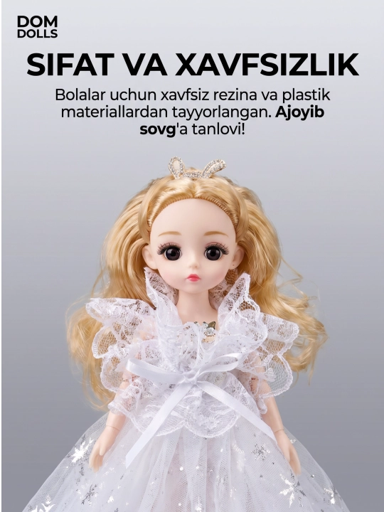 Musiqiy qo'g'irchoq qizlar uchun, chiroyli libosda, sovg'abop qutida, 30 sm