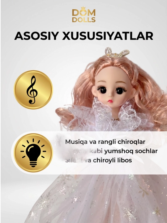 Musiqiy qo'g'irchoq qizlar uchun, chiroyli libosda, sovg'abop qutida, 30 sm