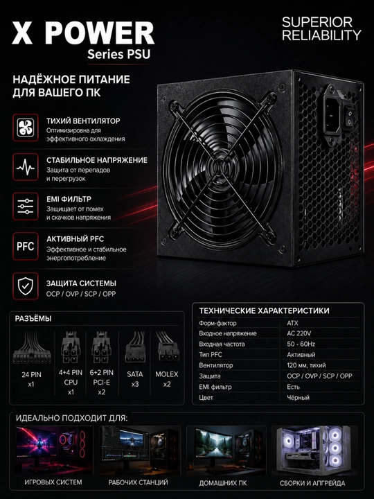 Блок питания X Power ATX 80 PLUS, с защитой от перенапряжения