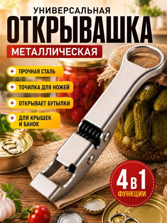 Металлическая открывашка 4 в 1 для банок, бутылок, консервов и точилка для ножей - 