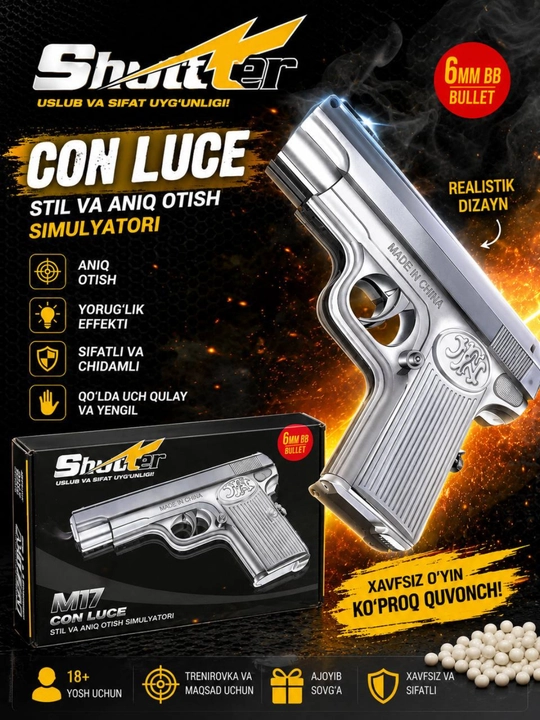 Glock AirSoft quroli, bolalar uchun metall to'pponcha, pnevmatik