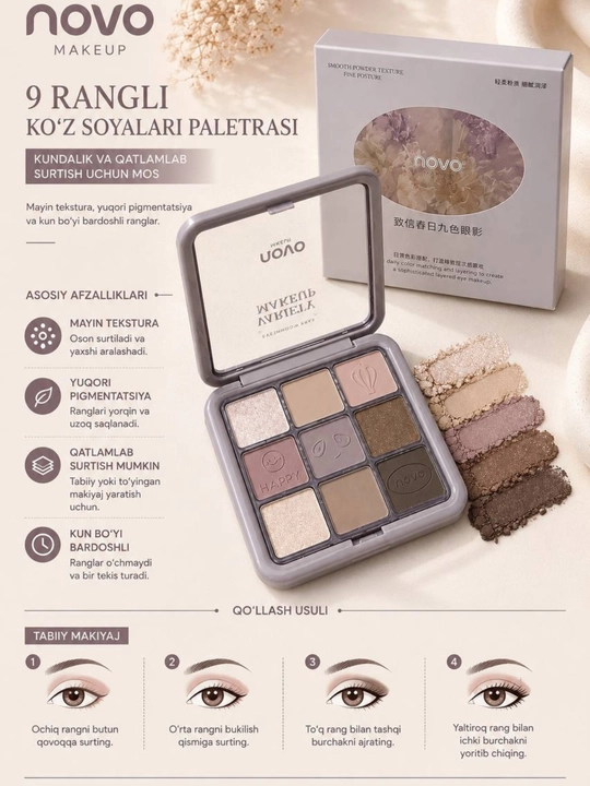 9 rangli NOVO soyalar palitrasi, professional qovoqlar uchun xira va shimmer soyalar