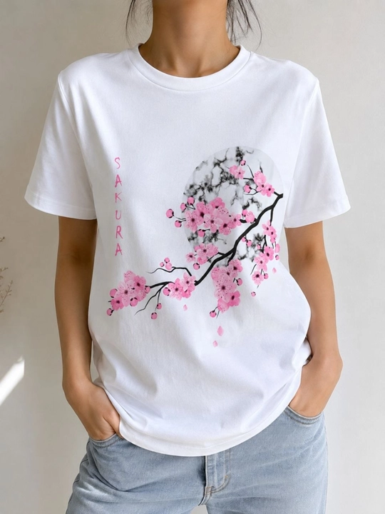 Женская белая футболка с принтом Sakura, оверсайз футболка с коротким рукавом, летняя - 