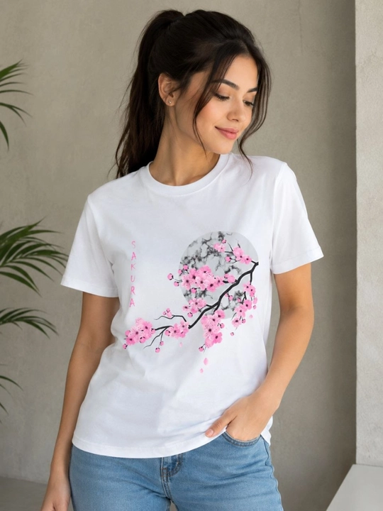 Ayollar uchun Sakura printlifutbolka,  yozgi casual futbolka, paxtali kundalik kiyim