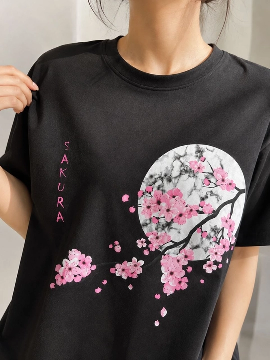 Ayollar uchun Sakura printlifutbolka,  yozgi casual futbolka, paxtali kundalik kiyim