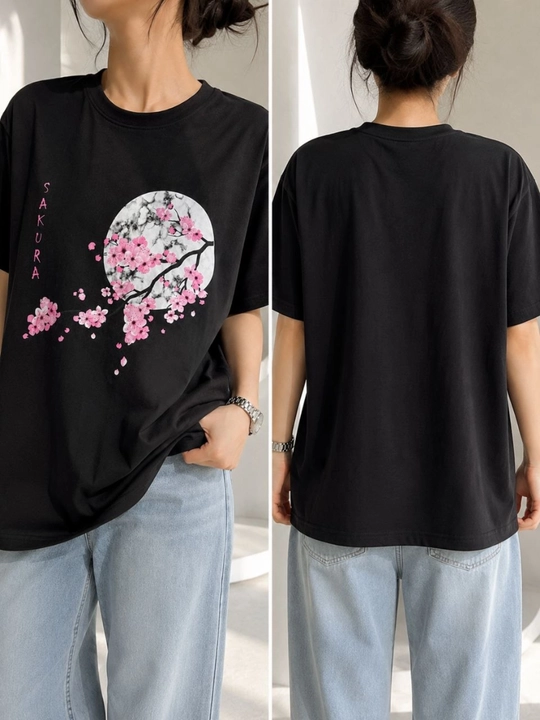 Ayollar uchun Sakura printlifutbolka,  yozgi casual futbolka, paxtali kundalik kiyim