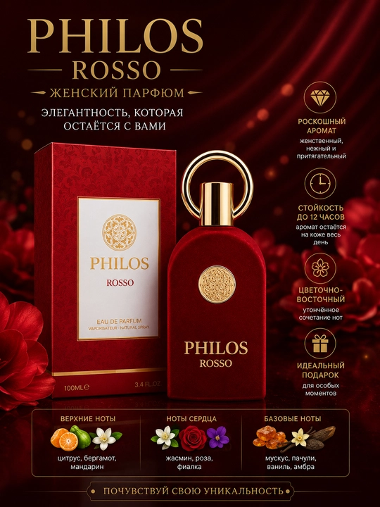 PHILOS, ROSSO, элегантный и неповторимый женский аромат, 100 мл