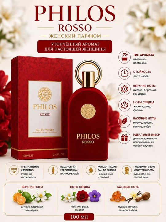 PHILOS, ROSSO, элегантный и неповторимый женский аромат, 100 мл - 
